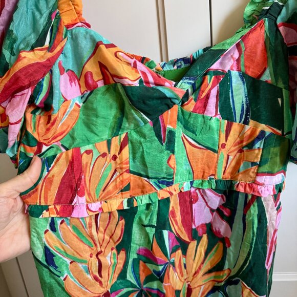 NWT Farm Rio Banana Foliage Puff-Sleeve Cotton Voile Midi-Dress - Large - Picture 11 of 16